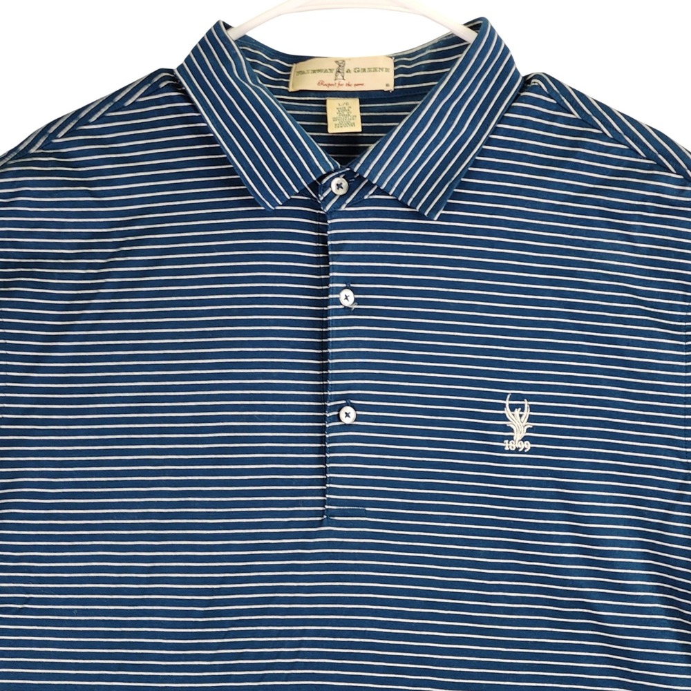 Fairway & Greene 1899 logo Mercerized Cotton Golf Polo Shirt Mens L Blue Striped